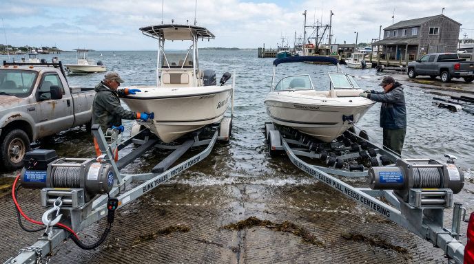 Boat trailer winch capacity comparison showing bunk trailer friction and easier pull conditions during marine loading